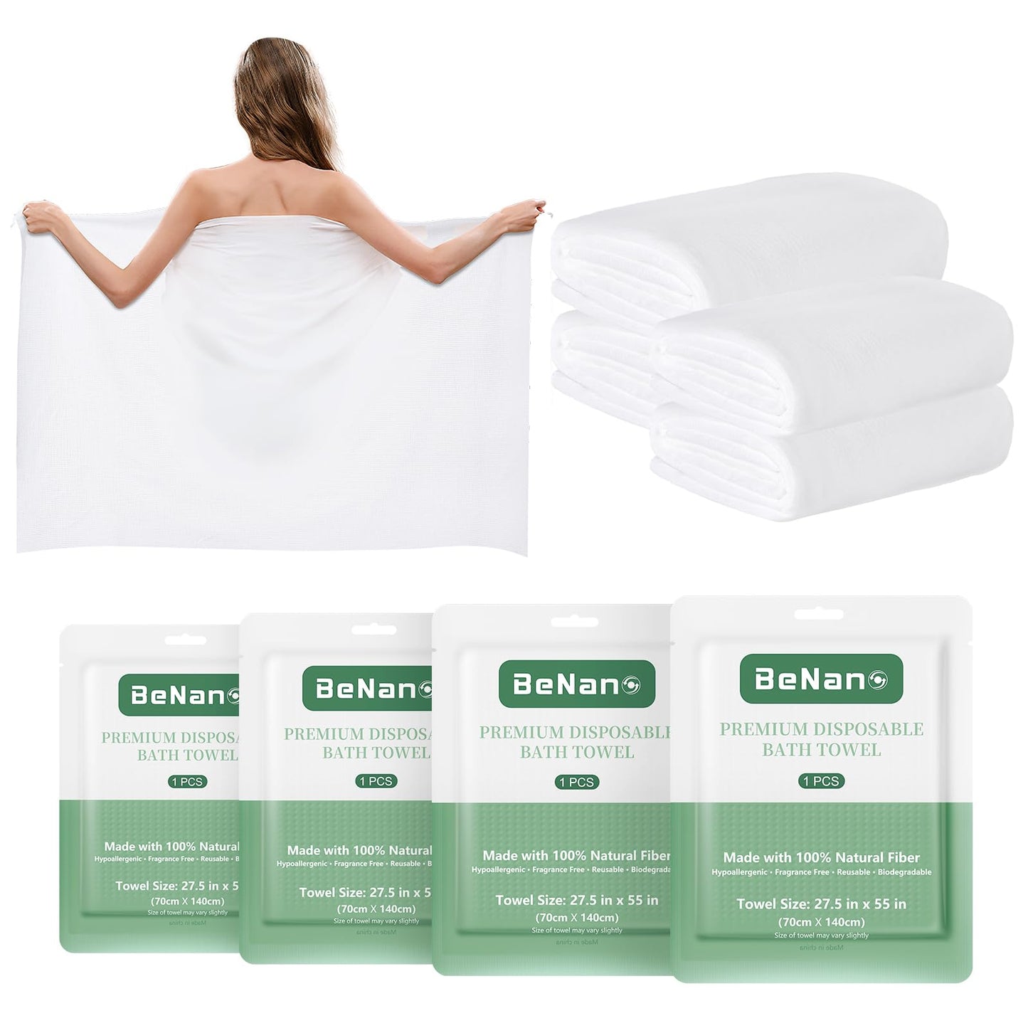 Benano 55 in x 27.5 in Disposable Bath Towels | Ready to Use, 4 Pack | Sanitary, disposable bath towels. 100% USDA Biobased. Elevate experience in salons, hotels, massage, camping and travel