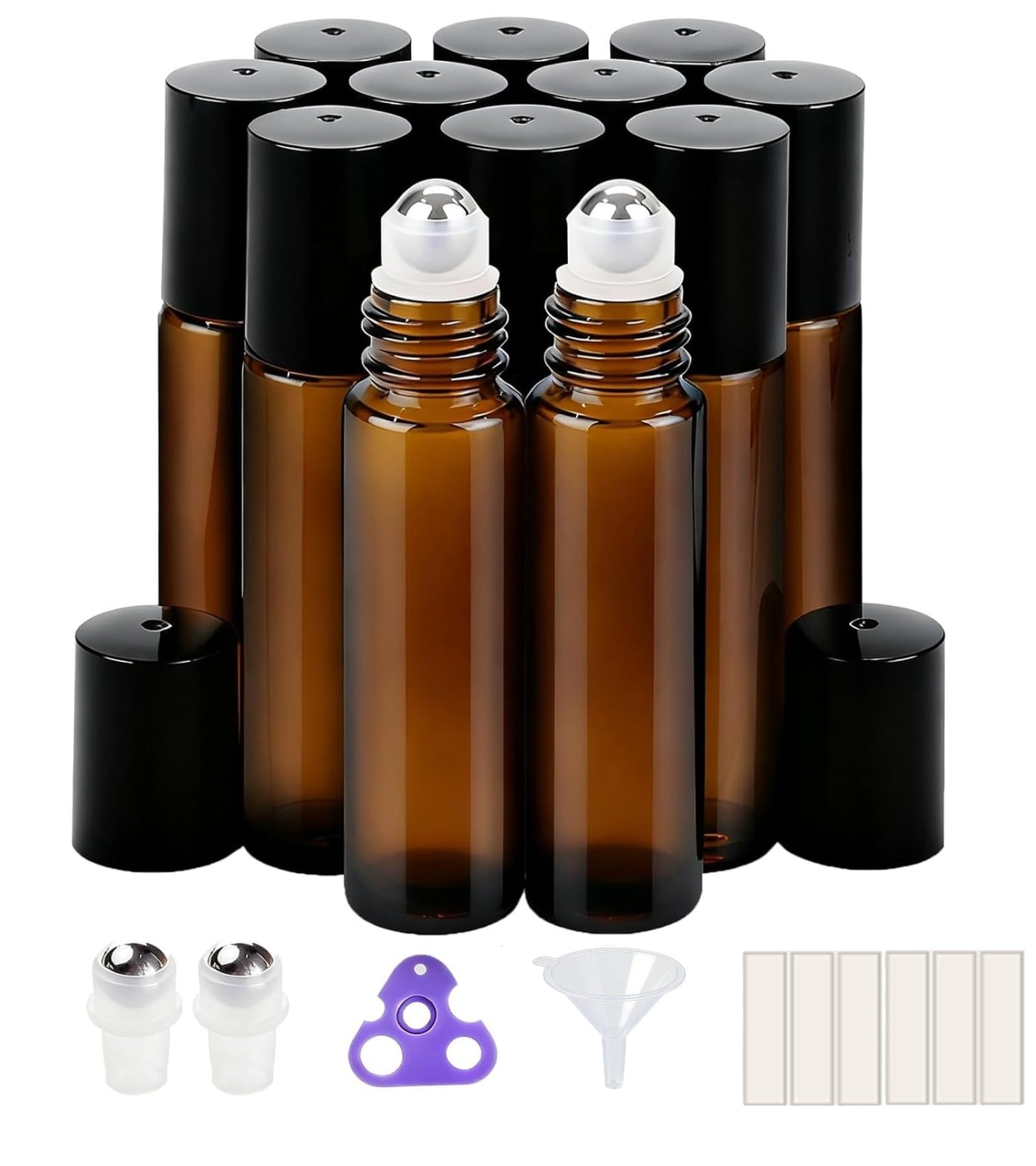 PrettyCare Set of 60, 10 ml Essential Oil Roller Bottles with Stainless Steel Roller Ball - Bulk Refillable Leak-proof Empty Clear Glass Roll on Bottles with Silver Metal Caps for Travel, Perfume