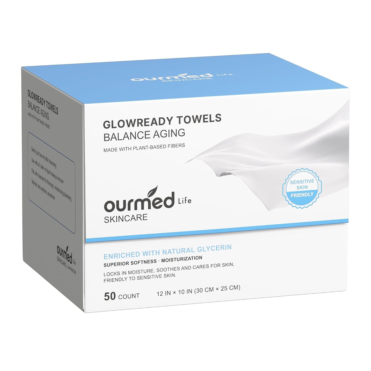 Ourmed Life Disposable Clean Healthy Aging Towels with Glycerin, 50 Count | Clinically Tested,Dry Wipes, Reduce Redness, Skin Soothing, Silky Soft, XL 10 x 12 In, For Mature Skin, Magnetic Closure