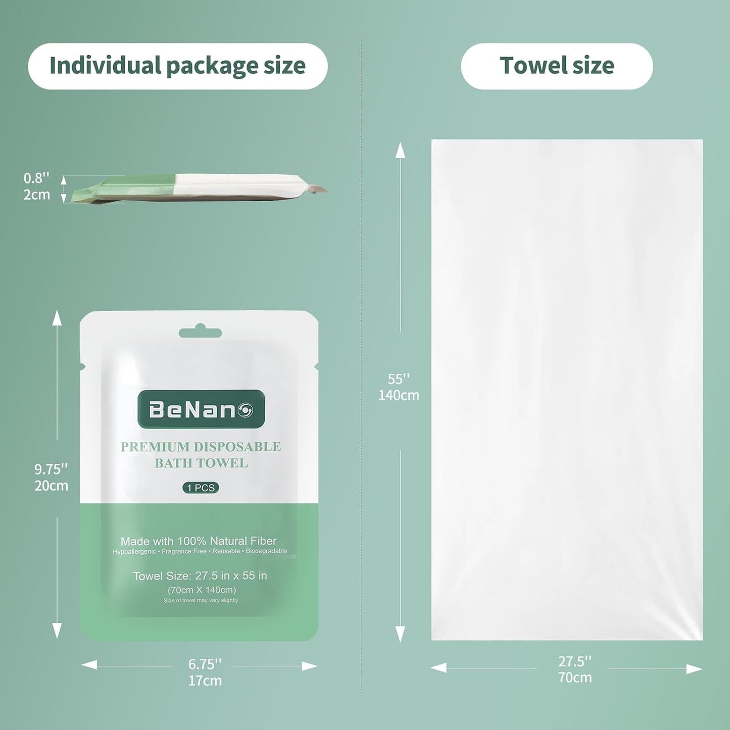 Benano 55 in x 27.5 in Disposable Bath Towels | Ready to Use, 4 Pack | Sanitary, disposable bath towels. 100% USDA Biobased. Elevate experience in salons, hotels, massage, camping and travel