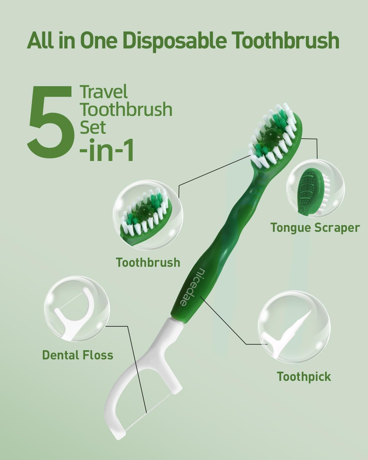 60Ct Disposable Mini Travel Toothbrush Bulk with Toothpaste | 5in1 Portable Toothbrushes Set Floss Pick Tongue Scraper Cruise and Travel Essentials