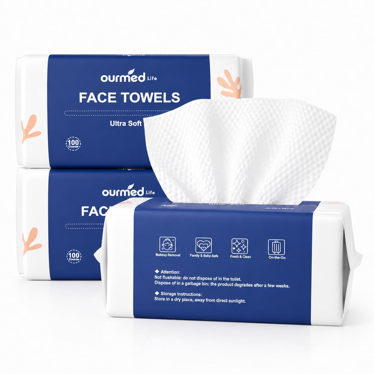 Ourmed Life Clean Face Towels Disposable, Ultra Soft & Absorbent, 100 Ct | Lint-Free, Sensitive Skin Friendly, Biodegradable, Skincare, Makeup Remover Dry Wipes, Facial Towels for Women Cleansing