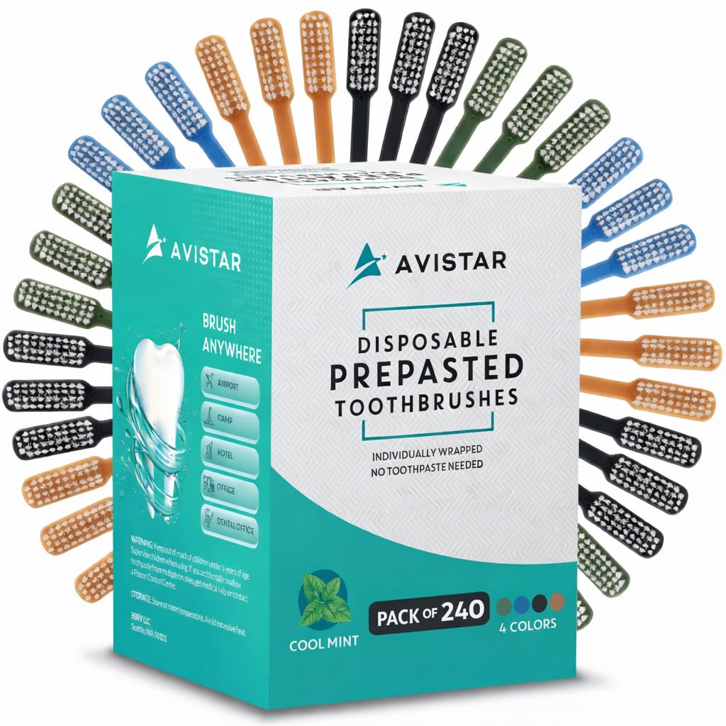 Avistar 40 Prepasted Disposable Toothbrushes Individually Wrapped - Single Use Pre Pasted Disposable Toothbrushes with Toothpaste Built in - Waterless Toothbrush for Travel, Guests, Hotel, & Camping