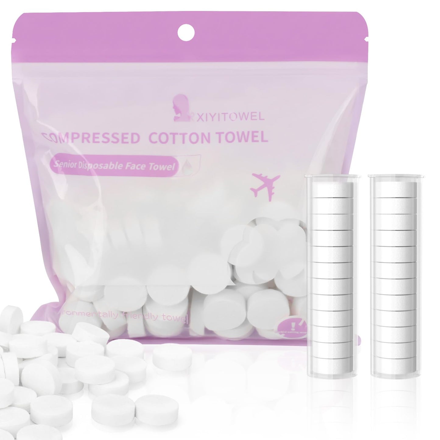 Classycoo Compressed Towels Tablets - Face Towels Disposable, Mini 100 Pack | Soft Individually Wrapped, Cotton, Expands in Seconds, Candy-Shaped, NO-Odor, Facial Washcloths Cleaning/Travel/Camping, Pink