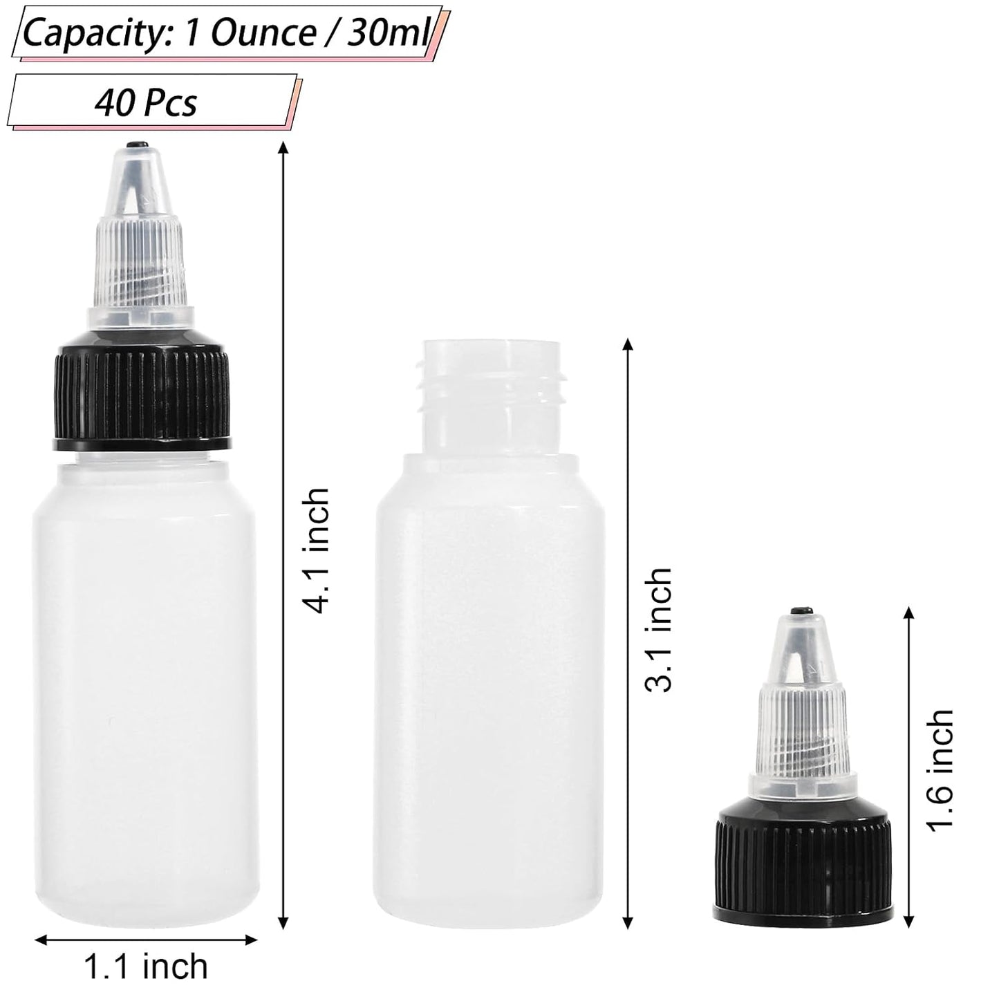 Bekith 40 Pack 1oz Dispensing Bottles, Boston Round HDPE Plastic Bottle with Twist Top Cap, Empty Plastic Squeeze Bottle