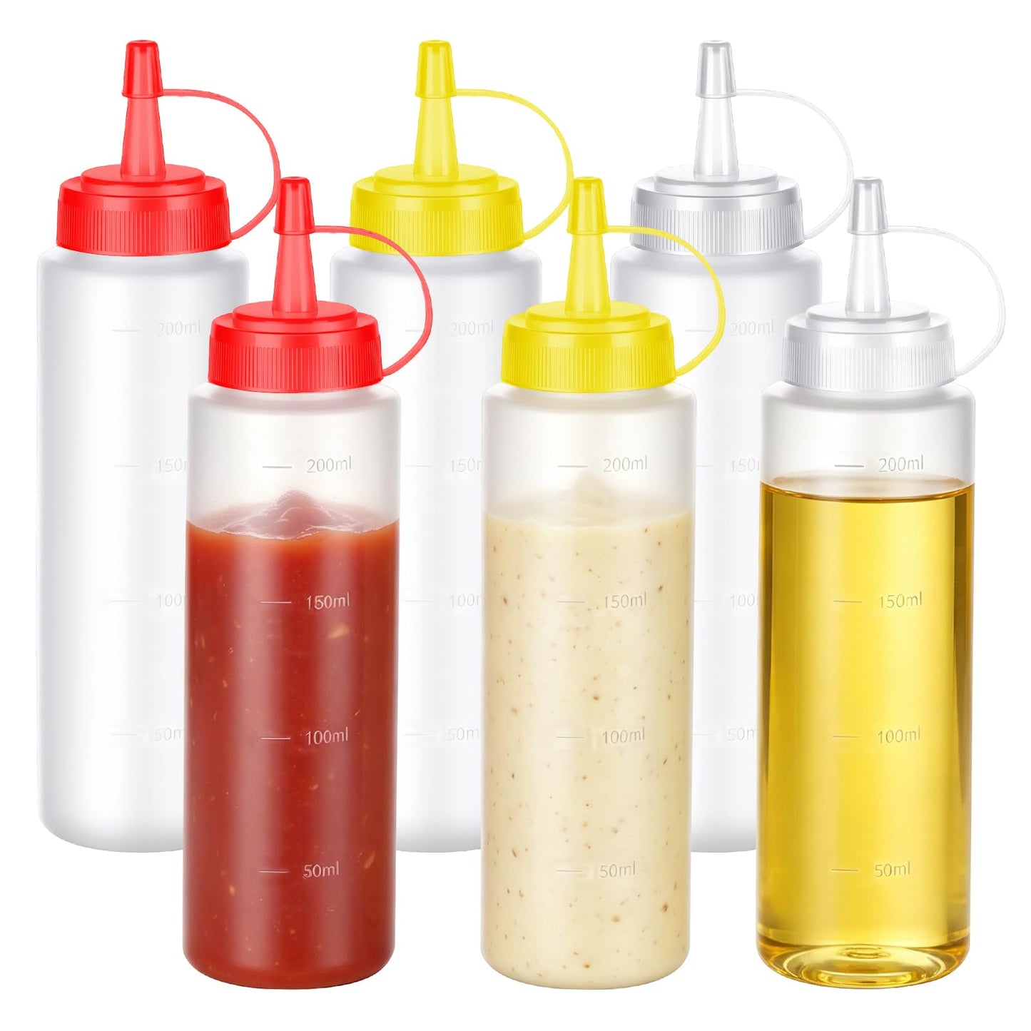 6 Pack Condiment Squeeze Bottles, 16 oz Wide Mouth Squeeze Bottles Set with 3-Color Top Cap Leak Proof, BPA Free Refillable Plastic Squirt Bottles for Sauces, Dressing, Oils, BBQ & Crafts