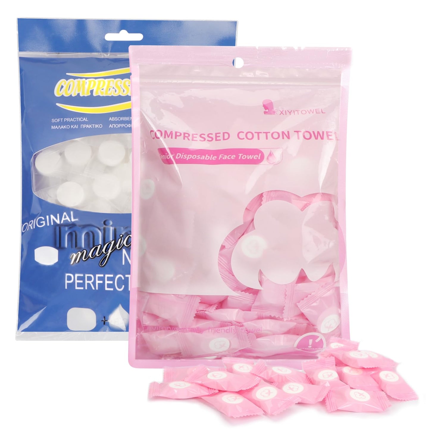 Classycoo Compressed Towels Tablets - Face Towels Disposable, Mini 100 Pack | Soft Individually Wrapped, Cotton, Expands in Seconds, Candy-Shaped, NO-Odor, Facial Washcloths Cleaning/Travel/Camping, Pink