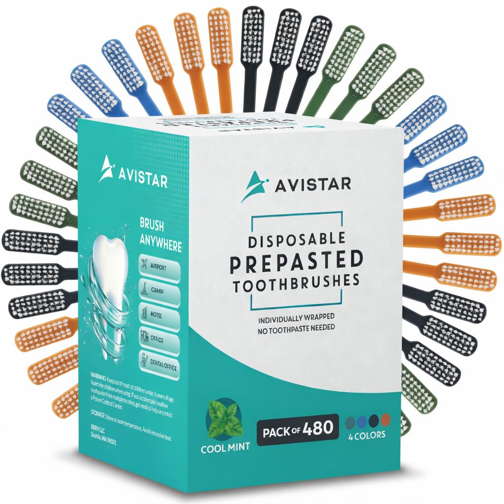 Avistar 40 Prepasted Disposable Toothbrushes Individually Wrapped - Single Use Pre Pasted Disposable Toothbrushes with Toothpaste Built in - Waterless Toothbrush for Travel, Guests, Hotel, & Camping
