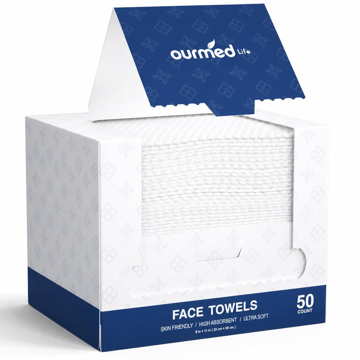 Ourmed Life Disposable Face Towels, Ultra Soft & Absorbent, XL, 50 Count | Sensitive Skin Friendly, Skin Soothing, Redness Care, Biodegradable, Facial Towels for Makeup Removal & Cleansing, 9" x 11"