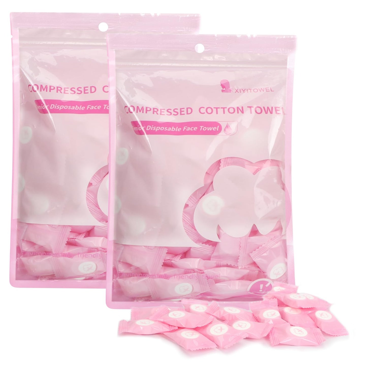 Classycoo Compressed Towels Tablets - Face Towels Disposable, Mini 100 Pack | Soft Individually Wrapped, Cotton, Expands in Seconds, Candy-Shaped, NO-Odor, Facial Washcloths Cleaning/Travel/Camping, Pink