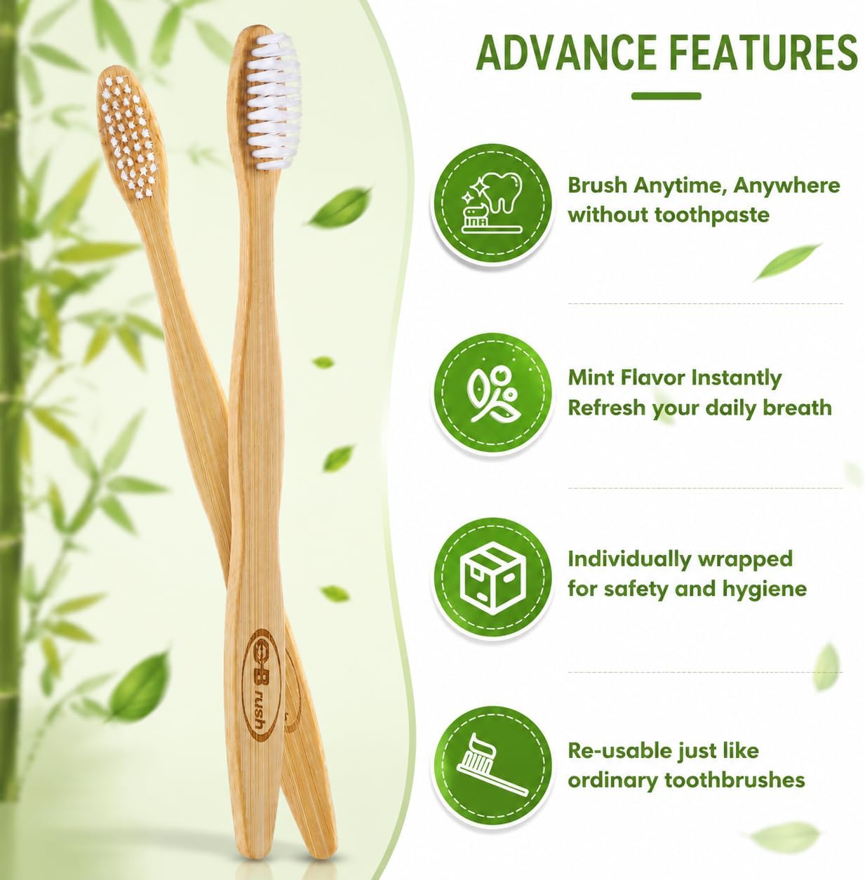 B Rush® 72Pack Bamboo Prepasted Toothbrush, Individually Wrapped Mini Travel Toothbrush with Pre-Pasted Mint Gel, Biodegradable Eco-Friendly Disposable Toothbrushes Travel Set for Adults & Kids
