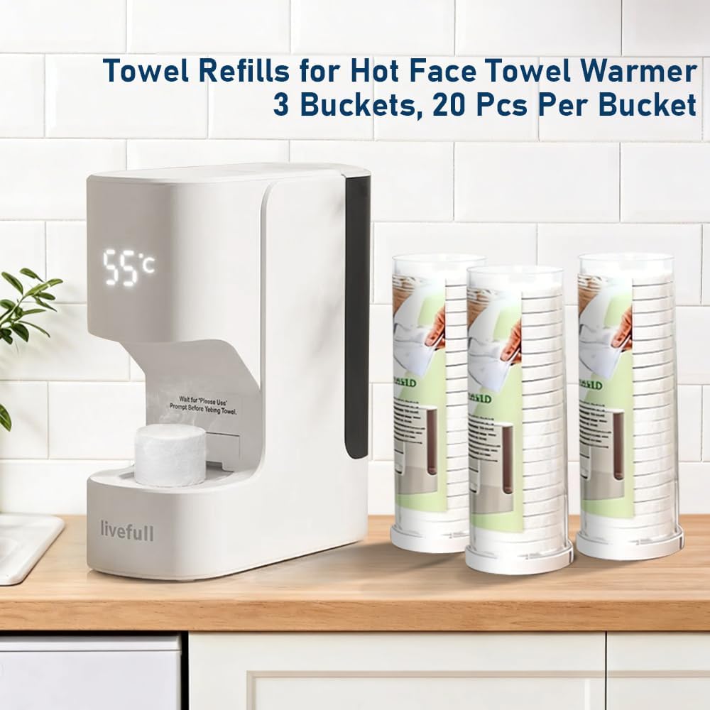 Towel Refills for Hot Face Towel Heater Machine, 60 Pcs Disposable Compressed Face Towels for Smart Towel Warmer, 3 Buckets, 20 Pcs Per Bucket