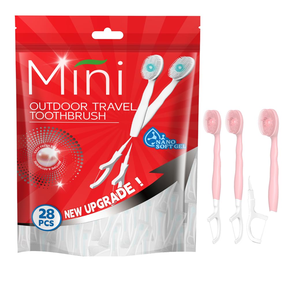 28 Packs Mini Brushes Disposable Toothbrushes, Mix Flover | with Toothpaste, Floss, Pick, Tongue Scraper, Travel Size Business Trip Individually Wrapped