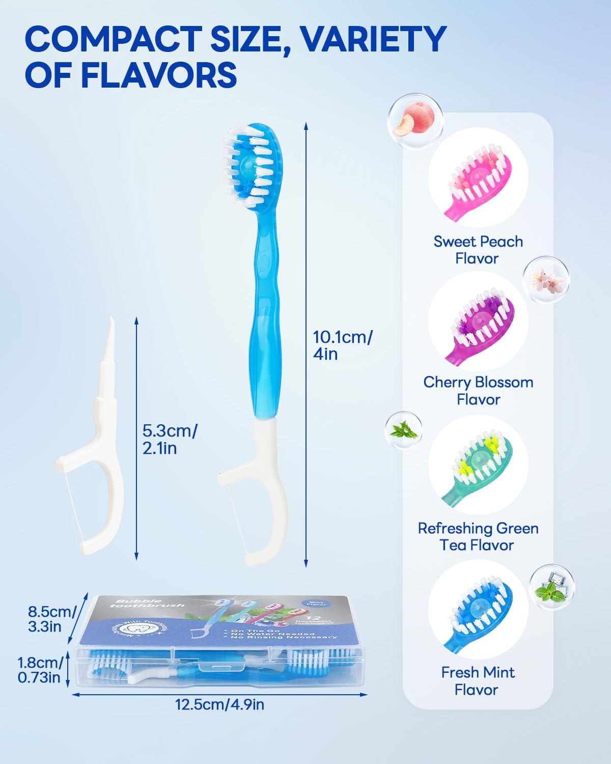 48 Pack Mini Disposable Toothbrushes, 5-in-1 Prepasted Travel Toothbrush with Toothpaste Beads, Floss, Tongue Scraper & Pick, 4 Flavors for Portable Oral Care during Travel, Camping, Office & Home