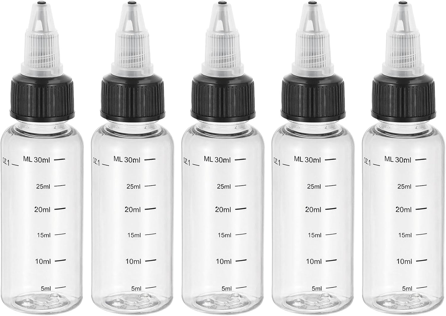 PATIKIL 1oz(30ml) Plastic Dispensing Bottle, 5Pcs Squeeze Graduated Empty Bottles with Black Twist Cap for Liquids, Inks, Oils, Sauces, Arts and Crafts, Transparent