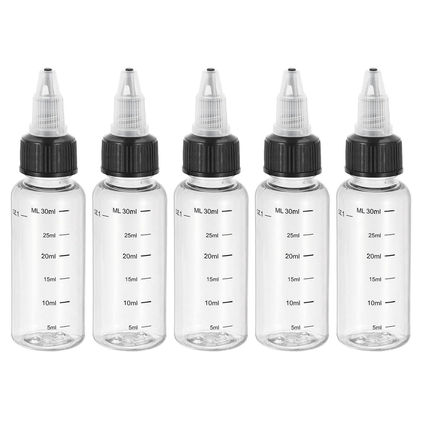 PATIKIL 1oz(30ml) Plastic Dispensing Bottle, 5Pcs Squeeze Graduated Empty Bottles with Black Twist Cap for Liquids, Inks, Oils, Sauces, Arts and Crafts, Transparent