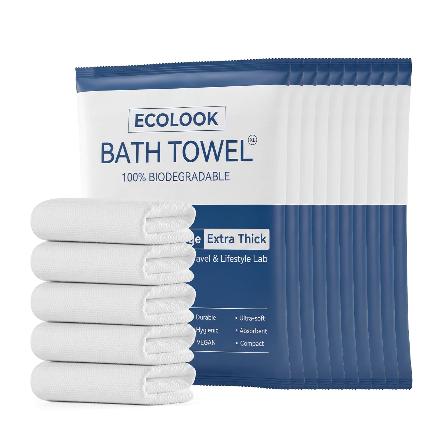 ecolook Disposable Bath Towels for Travel, 10-Pack Extra Large 31"x63" | 100GSM Plant Fiber, Dual Texture Soft & Quick-Drying Disposable Towels for Hotel Camping Beach Swimming Gym Sauna Spa
