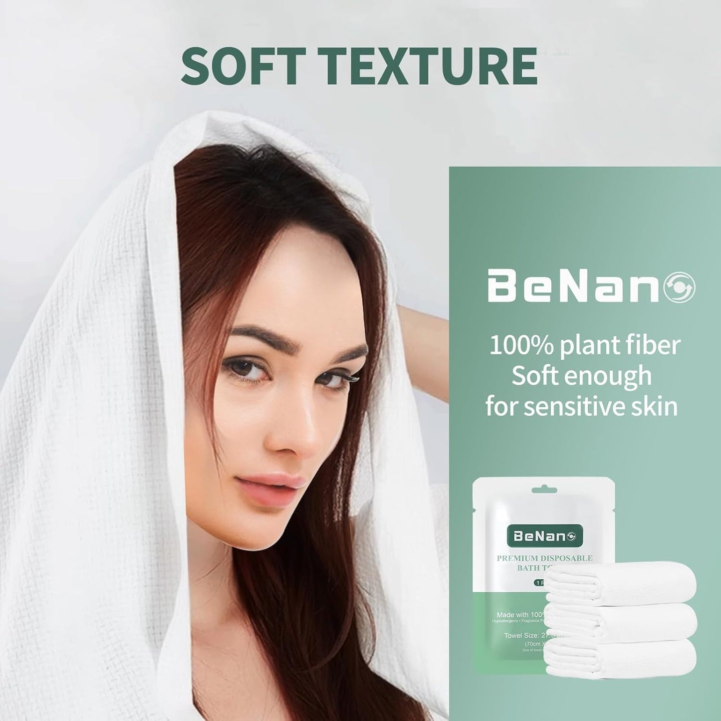 Benano 55 in x 27.5 in Disposable Bath Towels | Ready to Use, 4 Pack | Sanitary, disposable bath towels. 100% USDA Biobased. Elevate experience in salons, hotels, massage, camping and travel