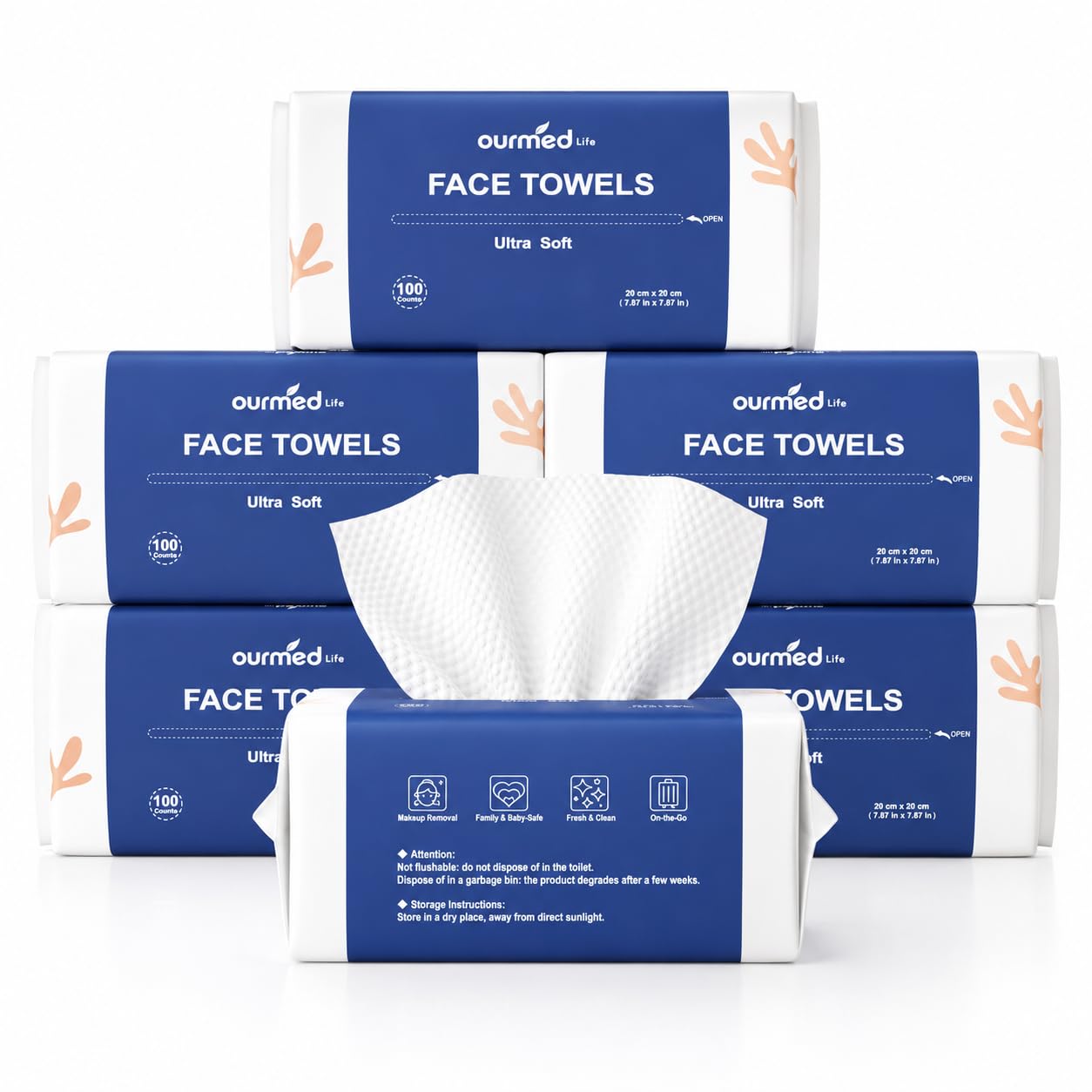 Ourmed Life Clean Face Towels Disposable, Ultra Soft & Absorbent, 300 Ct | Lint-Free, Sensitive Skin Friendly, Biodegradable, Skincare, Makeup Remover Dry Wipes, Facial Towels for Women Cleansing