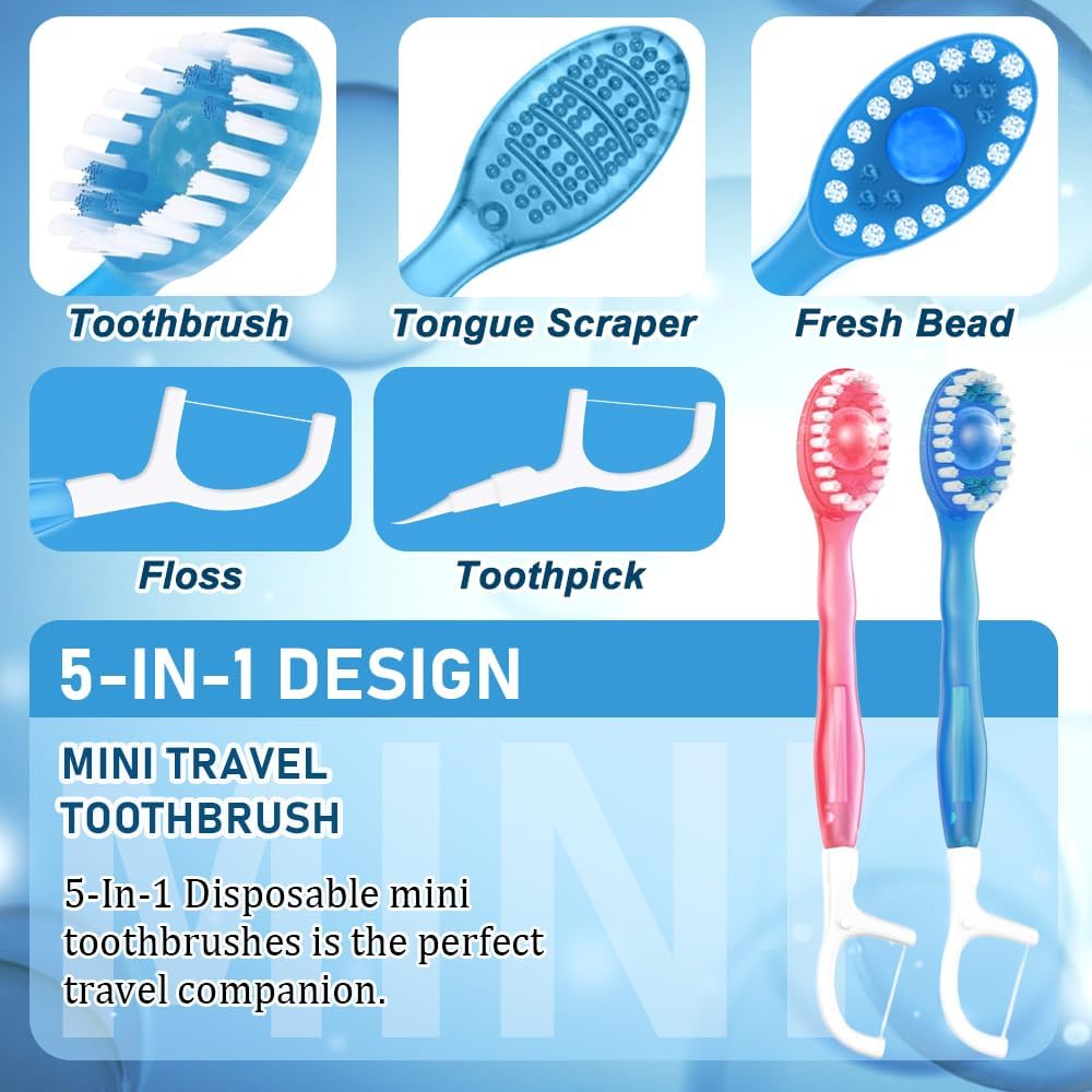10 Pack 5-in-1 Disposable Toothbrushes with Toothpaste, Mint Flavor | Built-in Floss, Toothpick & Tongue Scraper, Individually Wrapped Mini Toothbrush Set for Travel, Camping & Daily Work Use