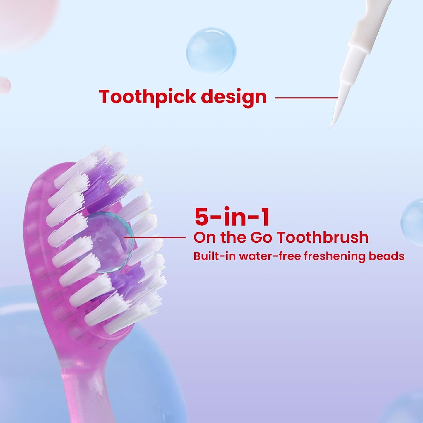 70Pack 5-In-1 Mini Disposable Toothbrushes with Toothpaste, No Rinsing | Prepasted Toothbrush with Pick Floss, Tongue Scraper, Waterless Single Use Brush for Travel Hotel Camping Flight