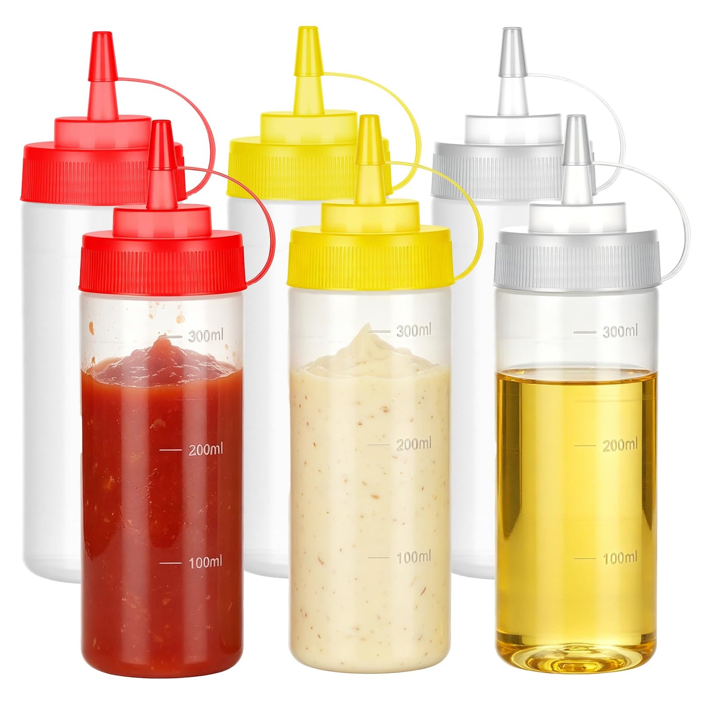 6 Pack Condiment Squeeze Bottles, 16 oz Wide Mouth Squeeze Bottles Set with 3-Color Top Cap Leak Proof, BPA Free Refillable Plastic Squirt Bottles for Sauces, Dressing, Oils, BBQ & Crafts