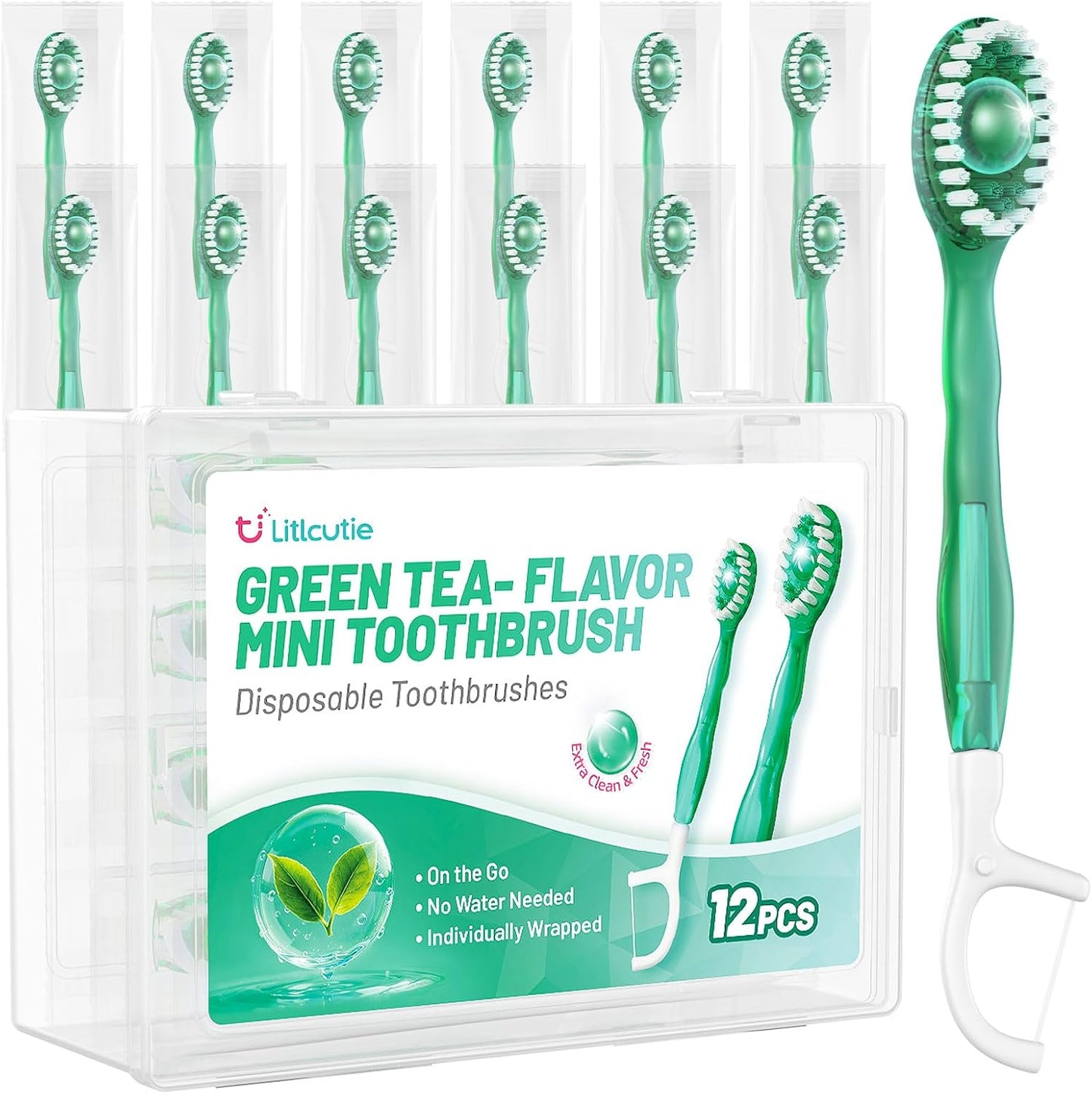 12 Pack 5 in 1 Mini Disposable Toothbrush Kit, Green Tea Flavor | Individually Wrapped, Built-in Toothpaste, Floss, Tooth Pick, Tongue Scraper, Portable for Kids Adults