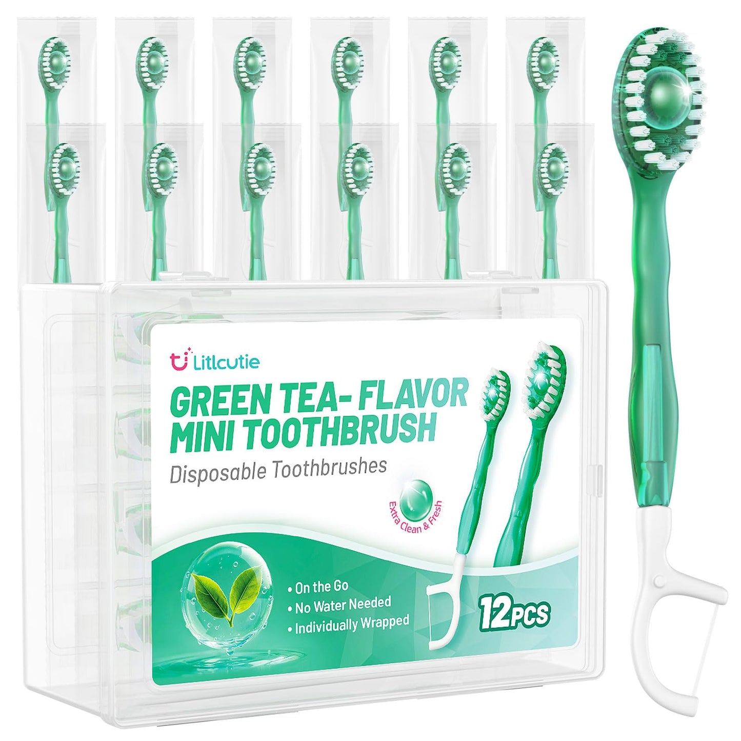 12 Pack 5 in 1 Mini Disposable Toothbrush Kit, Green Tea Flavor | Individually Wrapped, Built-in Toothpaste, Floss, Tooth Pick, Tongue Scraper, Portable for Kids Adults