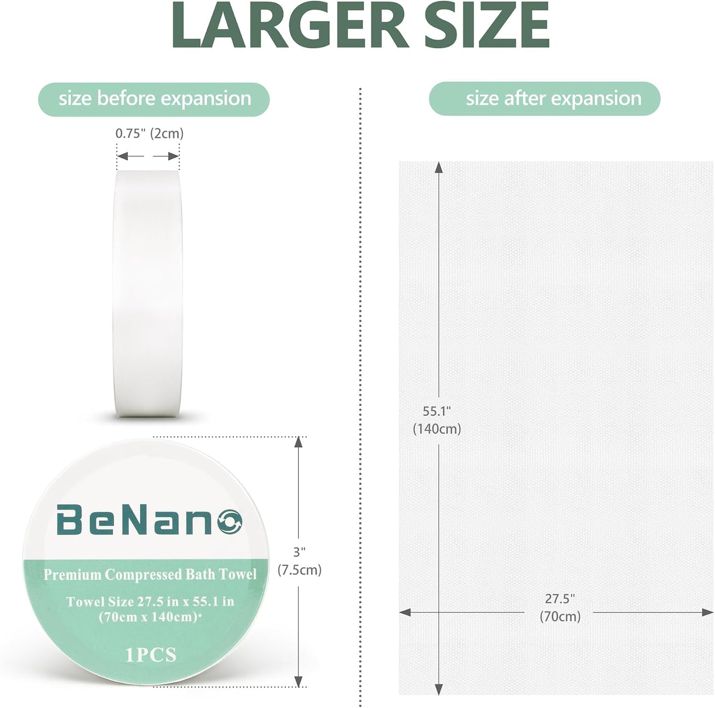 Benano 55.1x27.5 in Compressed Bath Towel Tablets | Travel Towel, 5 Pack | Water-activated, large reusable compact bath towels. Perfect for camping, hotel, hiking, sports, beach, swimming, vacation.