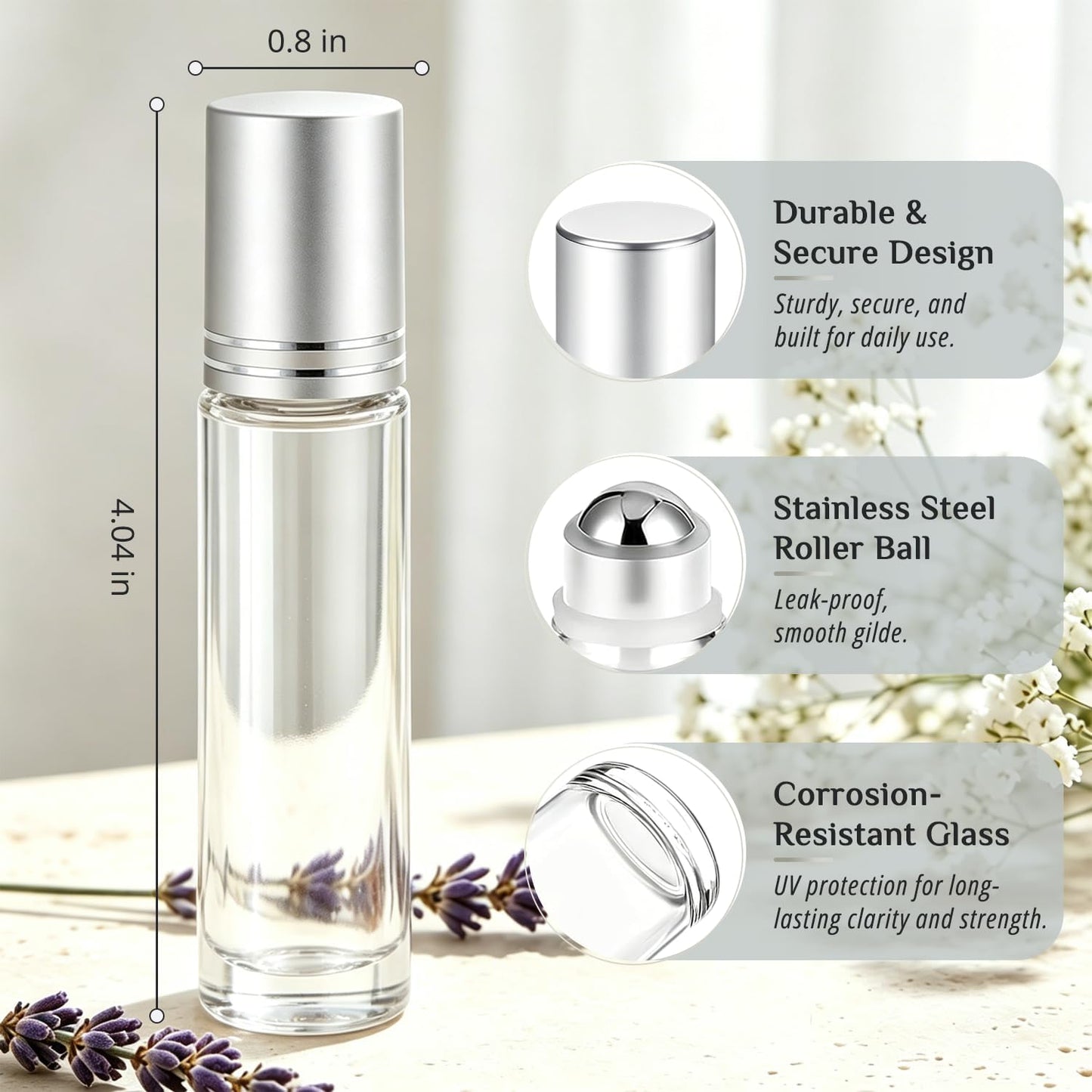 PrettyCare Set of 60, 10 ml Essential Oil Roller Bottles with Stainless Steel Roller Ball - Bulk Refillable Leak-proof Empty Clear Glass Roll on Bottles with Silver Metal Caps for Travel, Perfume