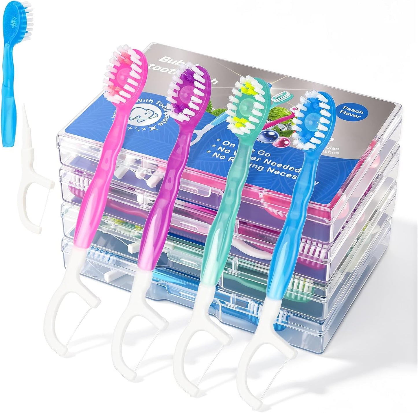 48 Pack Mini Disposable Toothbrushes, 5-in-1 Prepasted Travel Toothbrush with Toothpaste Beads, Floss, Tongue Scraper & Pick, 4 Flavors for Portable Oral Care during Travel, Camping, Office & Home
