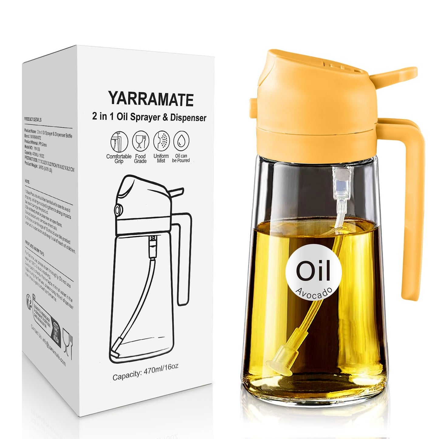 YARRAMATE 16 oz 2-in-1 Glass Olive Oil Sprayer for Cooking, Black | Food-grade dispenser bottle, 470 ml, spray and pour, portion control, stickers included, for salad, frying and BBQ