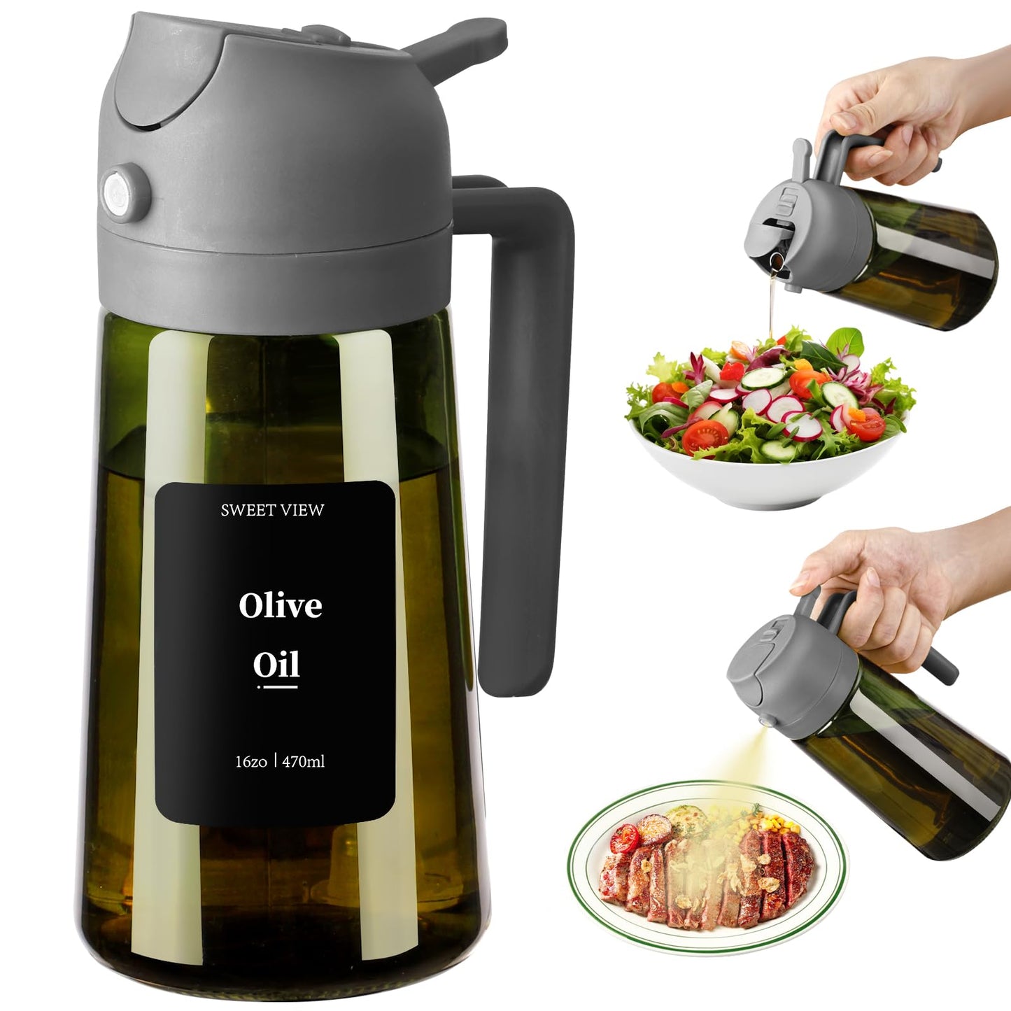 SWEET VIEW 2Pcs Olive Oil Spray Bottle 16oz/470ml | Glass Light-Proof Oil Pourer/Dispenser for Kitchen Air Fryer, Cooking, Salad, and BBQ, with Stickers