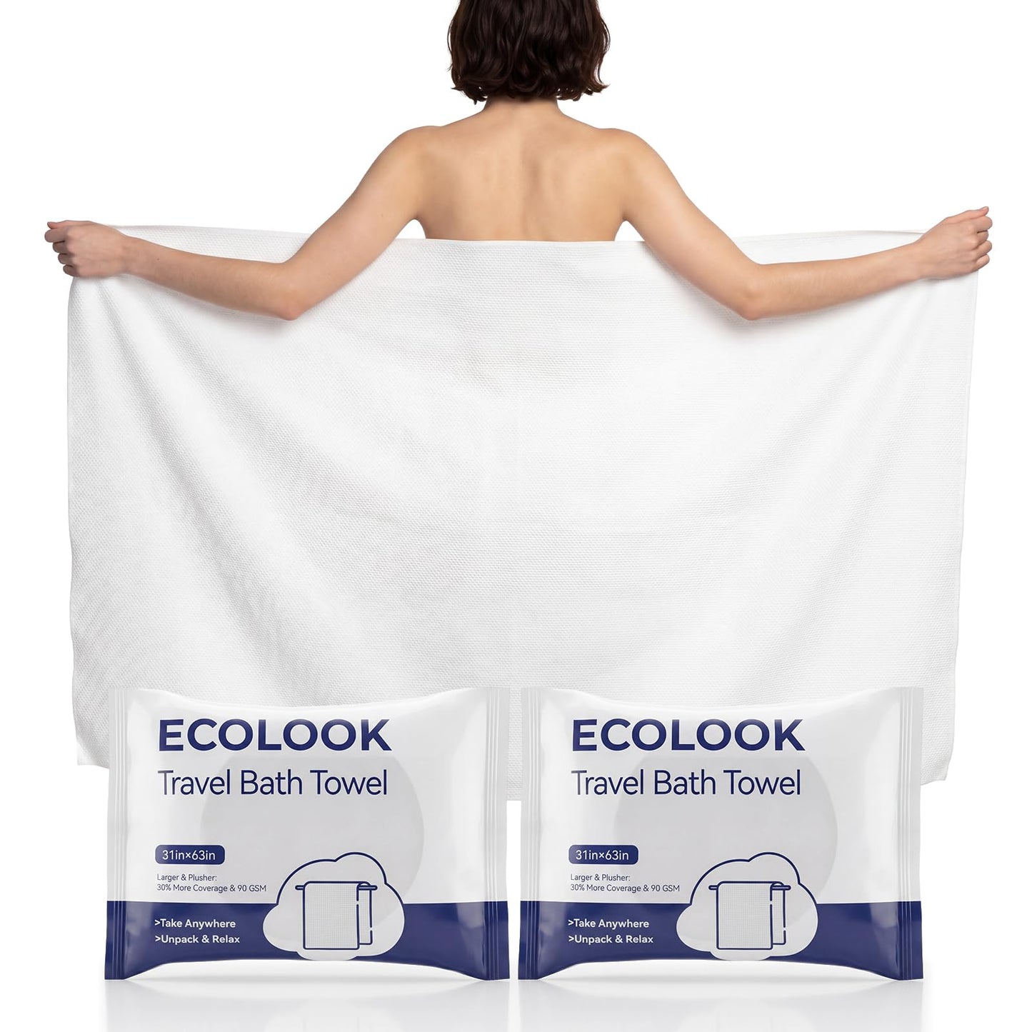 ecolook Compressed Disposable Bath Towels, 31 x 63 Inch 90GSM Ultra Thick Soft Travel Towel, Reusable Plant Fiber Towels for Camping Beach Swimming Hotel & Daily Use - 6 Pack