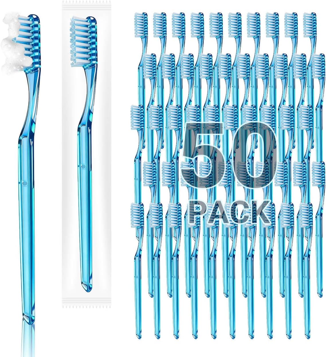 Disposable Toothbrushes with Toothpaste, Mint,50 Pack | Prepasted Toothbrush Individually Wrapped,Fluoride Free, No Rinsing,Bulk for Airbnb, Hotels, Camping, Travel，Business Trips
