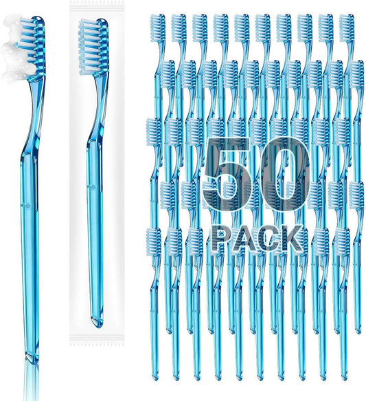 Disposable Toothbrushes with Toothpaste, Mint,50 Pack | Prepasted Toothbrush Individually Wrapped,Fluoride Free, No Rinsing,Bulk for Airbnb, Hotels, Camping, Travel，Business Trips