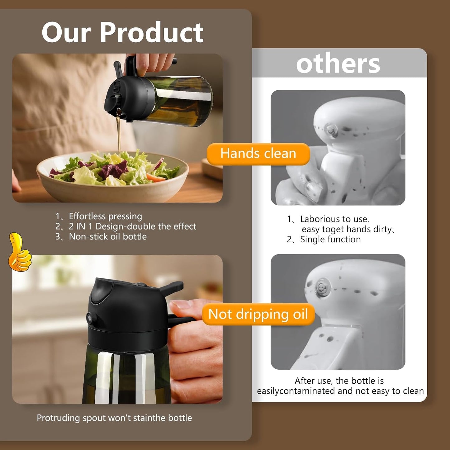 SWEET VIEW 2Pcs Olive Oil Spray Bottle 16oz/470ml | Glass Light-Proof Oil Pourer/Dispenser for Kitchen Air Fryer, Cooking, Salad, and BBQ, with Stickers