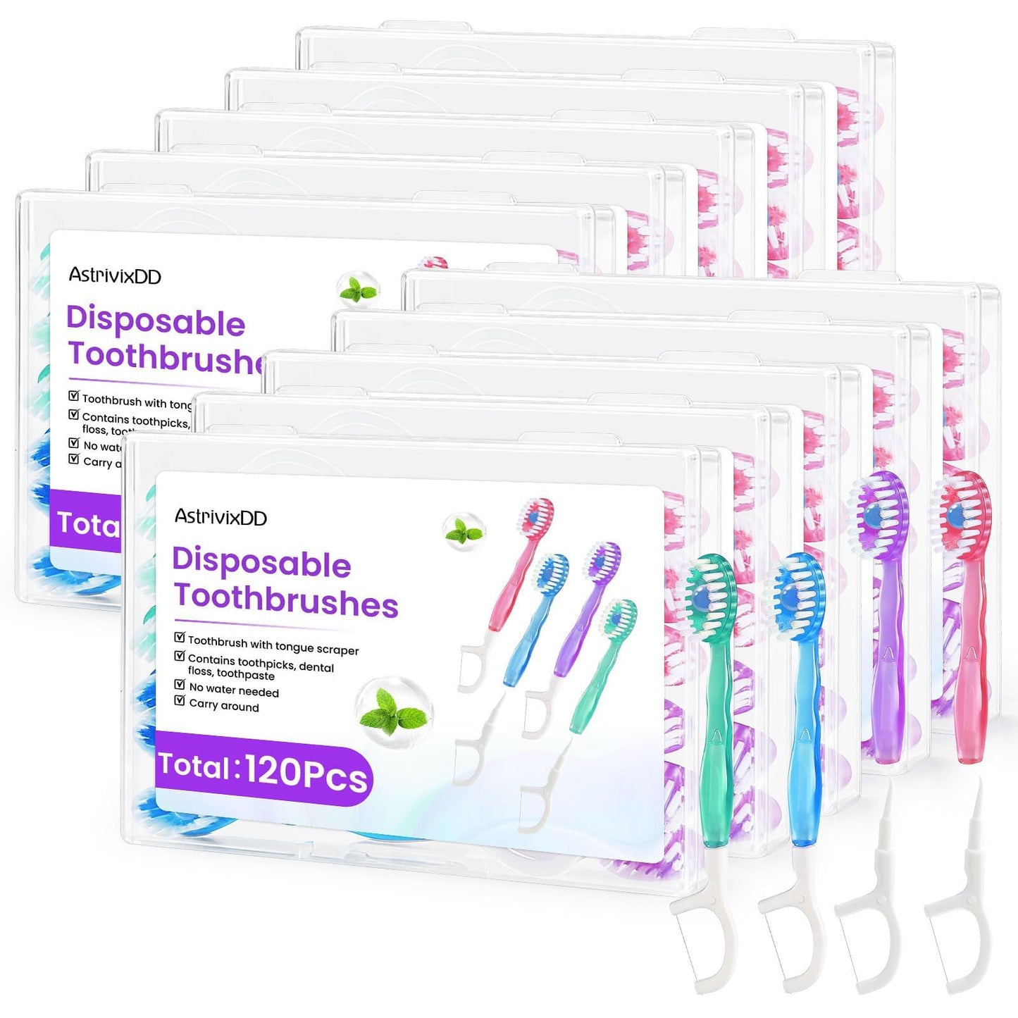 48 Pack 5-in-1 Mini Toothbrush Disposable, Prepasted Toothbrushes | Waterless Disposable Toothbrushes with Toothpaste, Floss, Tongue Scraper & Toothpick, for Travel, Hotel, Camping