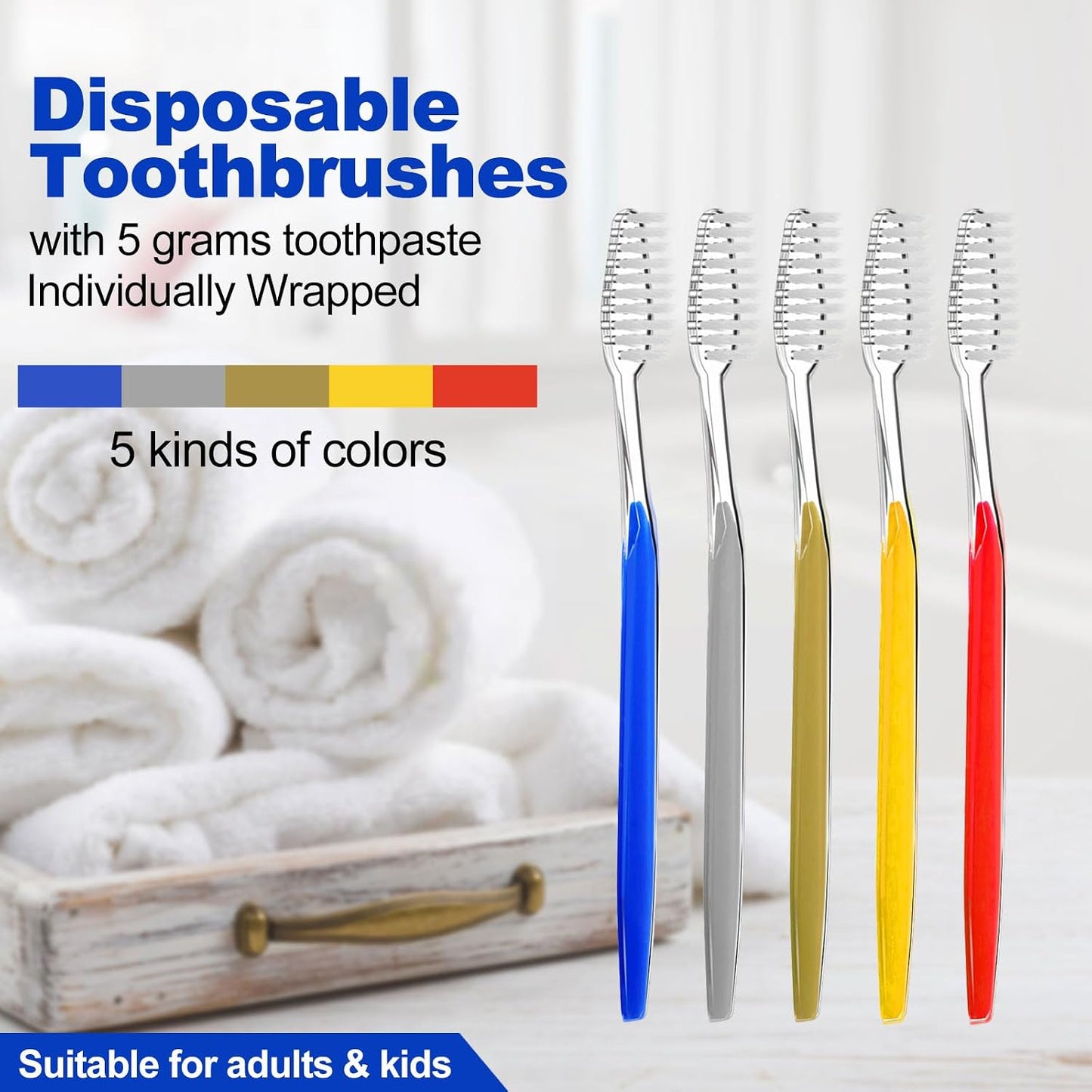 50 Disposable Toothbrushes with Toothpaste Individually Wrapped 5 Colors | Bulk Toothbrush and Toothpaste for Homeless Travel Shelter Air Bnb Hotel Guest