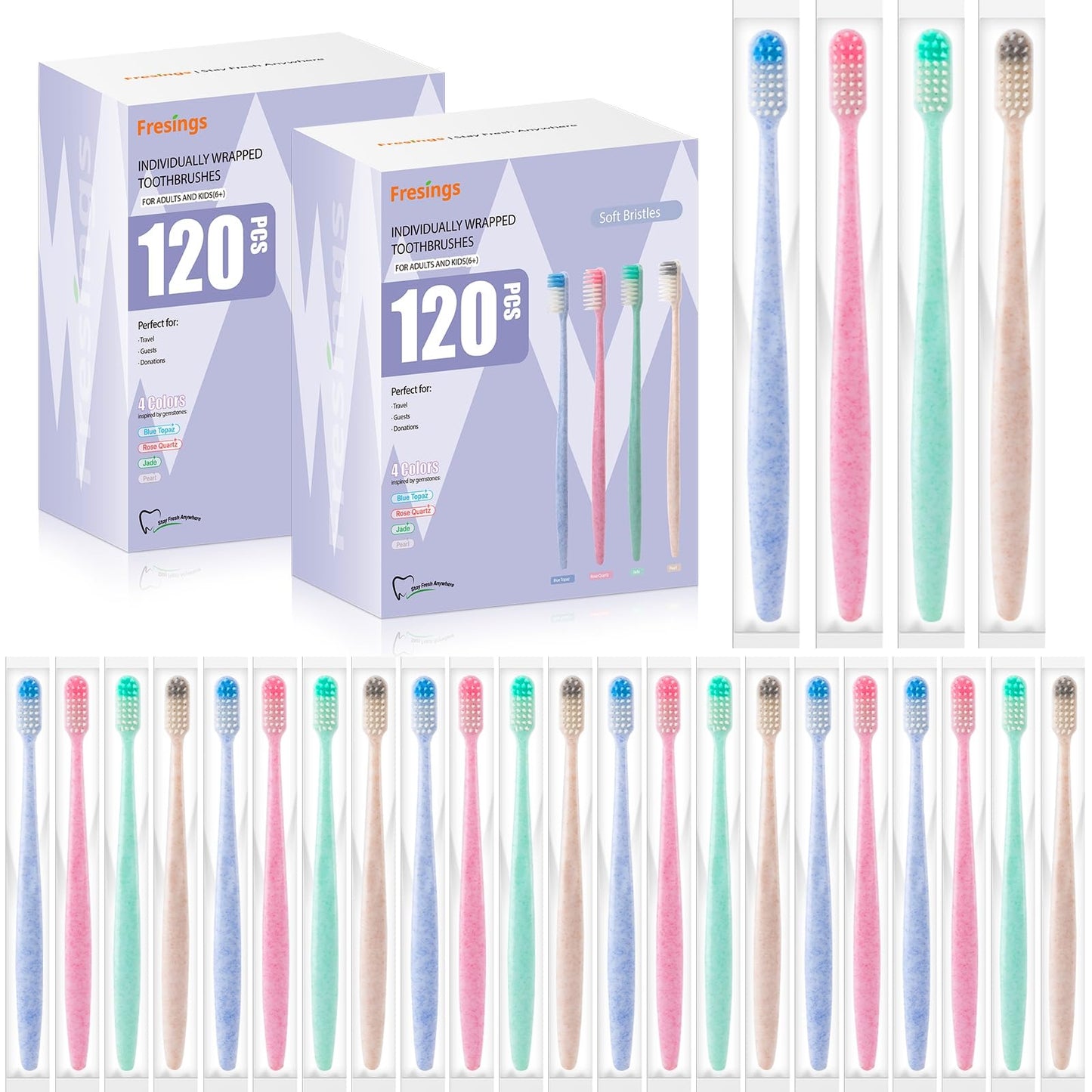 Bulk Disposable Toothbrushes, Individually Wrapped, 48 Count | Soft bristle toothbrushes, full-size handles, 4 colors; ideal for adults, kids, guests, hotels, travel, camping, hygiene kits