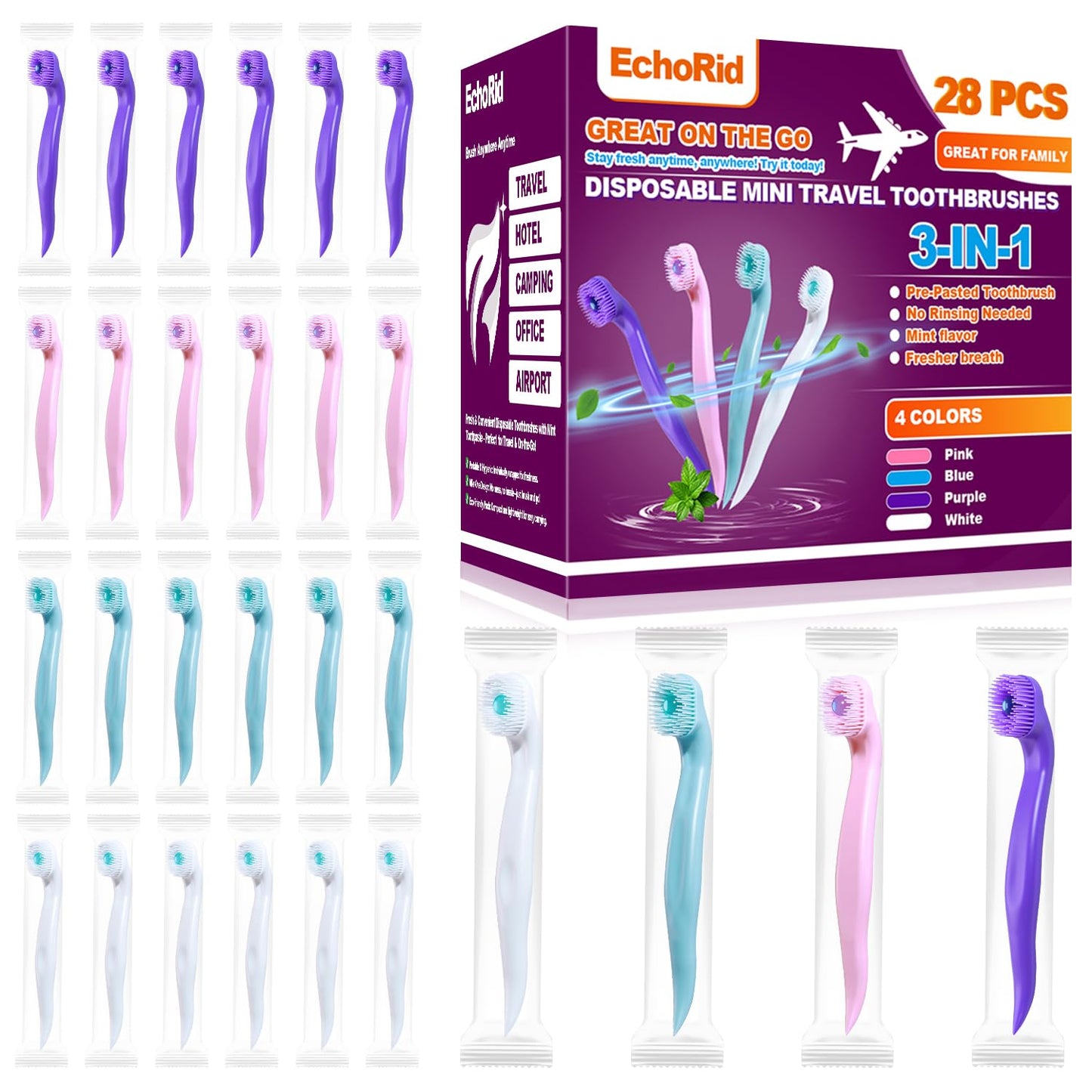 Mini Disposable Toothbrush, Pre-Pasted Toothbrushes with Toothpaste and Toothpick for Travel - Fluoride Free, No Rinsing Needed, Mint Flavor, Fresh Breath Anywhere Anytime - 28 Ct