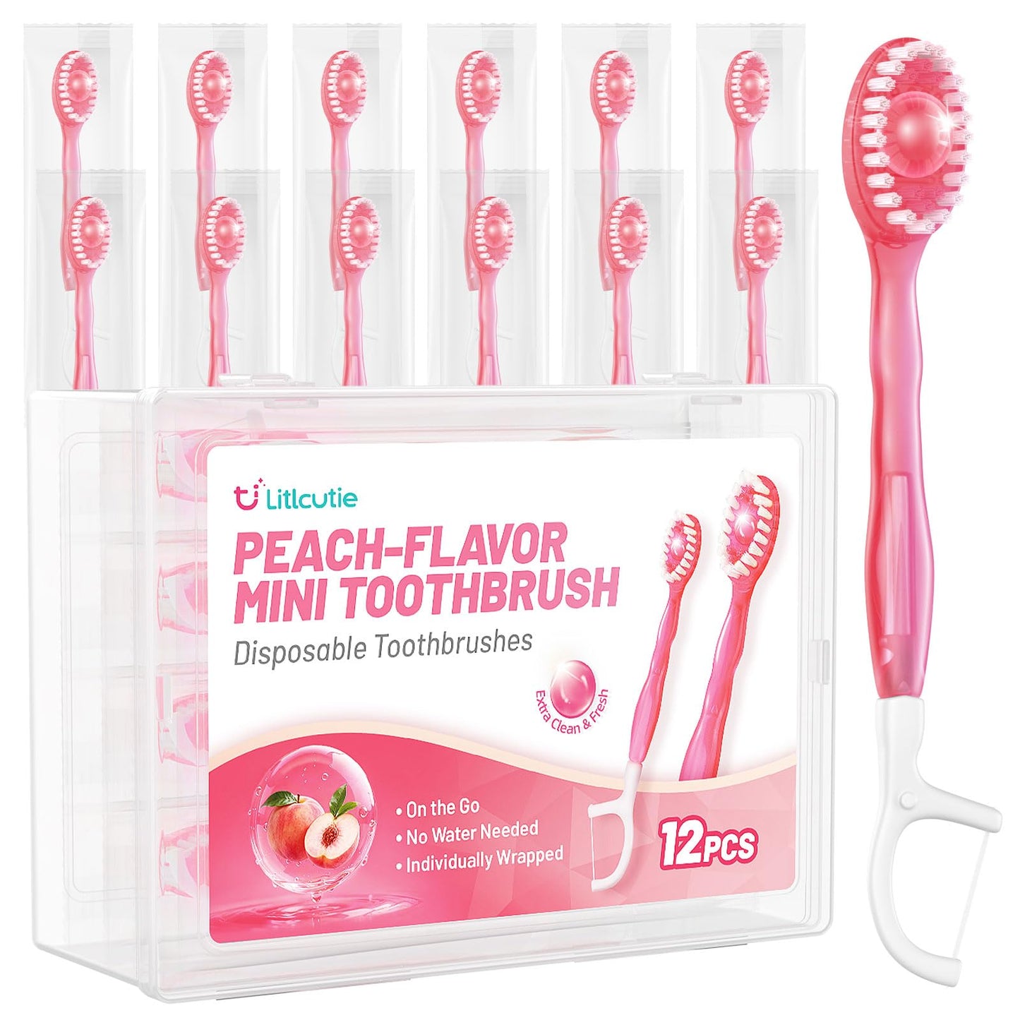 12 Pack 5 in 1 Mini Disposable Toothbrush Kit, Green Tea Flavor | Individually Wrapped, Built-in Toothpaste, Floss, Tooth Pick, Tongue Scraper, Portable for Kids Adults