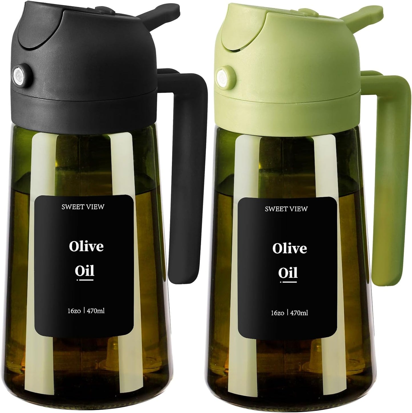 SWEET VIEW 2Pcs Olive Oil Spray Bottle 16oz/470ml | Glass Light-Proof Oil Pourer/Dispenser for Kitchen Air Fryer, Cooking, Salad, and BBQ, with Stickers