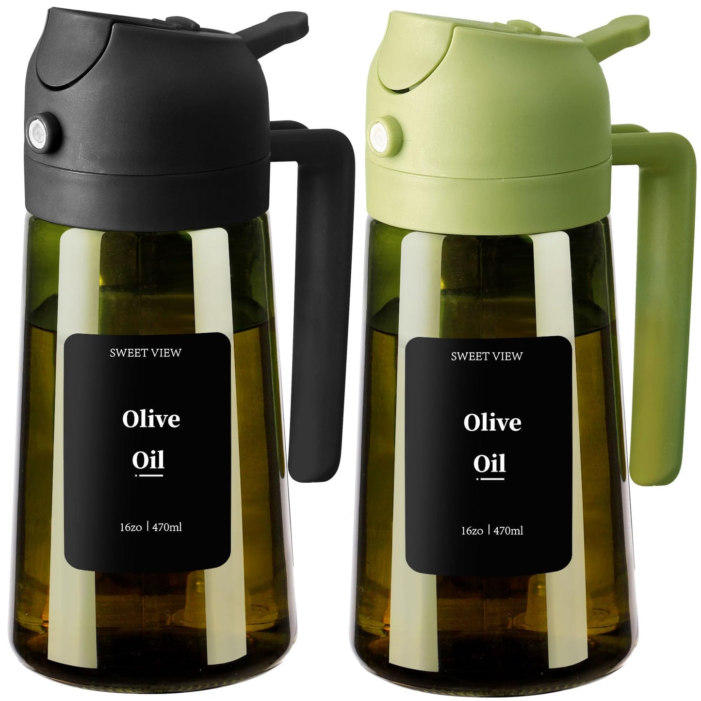 SWEET VIEW 2Pcs Olive Oil Spray Bottle 16oz/470ml | Glass Light-Proof Oil Pourer/Dispenser for Kitchen Air Fryer, Cooking, Salad, and BBQ, with Stickers