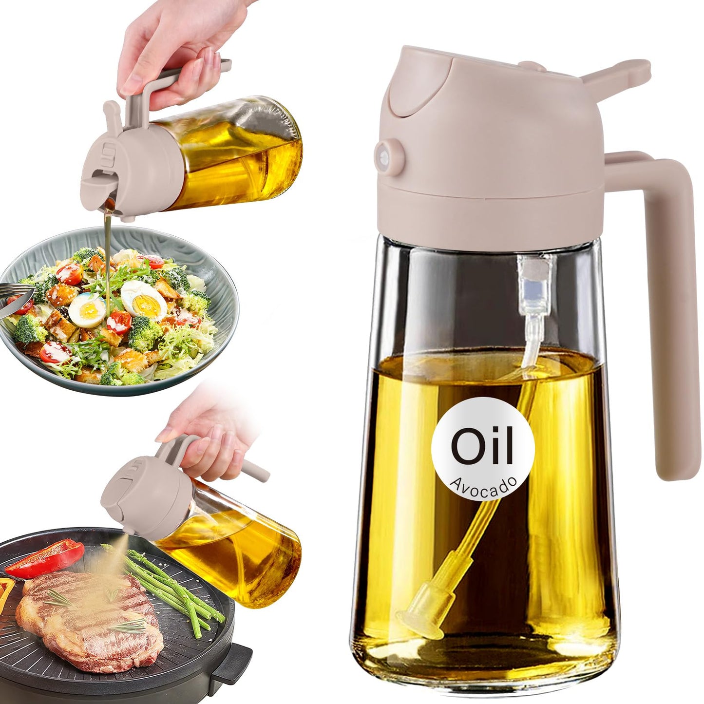 YARRAMATE 16 oz 2-in-1 Glass Olive Oil Sprayer for Cooking, Black | Food-grade dispenser bottle, 470 ml, spray and pour, portion control, stickers included, for salad, frying and BBQ