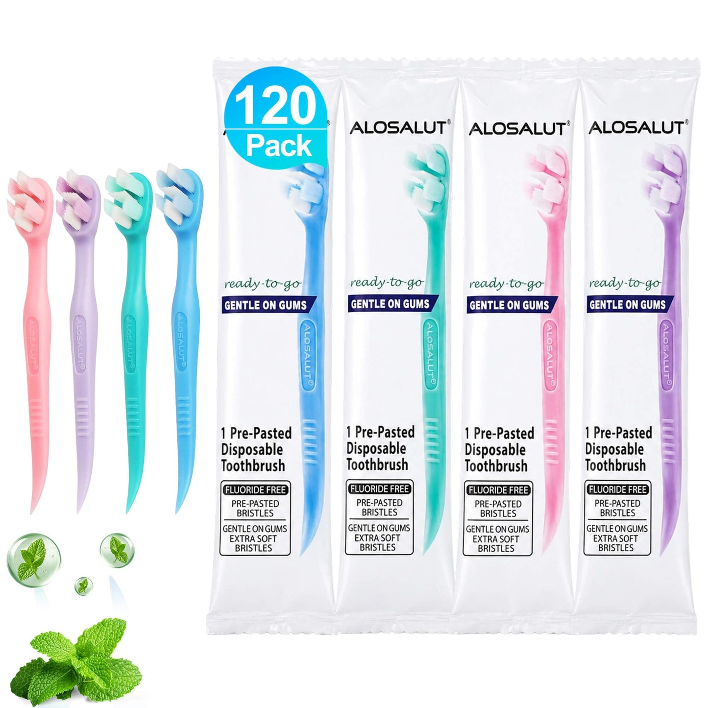 36 Pack Pre-Pasted Mint Disposable Toothbrushes – Individually Wrapped Mini Ultra Soft Bristles Toothbrush - Fluoride Free No Rinsing - 3-in-1 with Floss Pick Tongue Cleaner for Braces Travel Camping