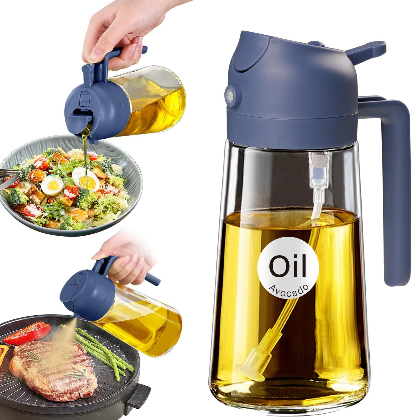 YARRAMATE 16 oz 2-in-1 Glass Olive Oil Sprayer for Cooking, Black | Food-grade dispenser bottle, 470 ml, spray and pour, portion control, stickers included, for salad, frying and BBQ