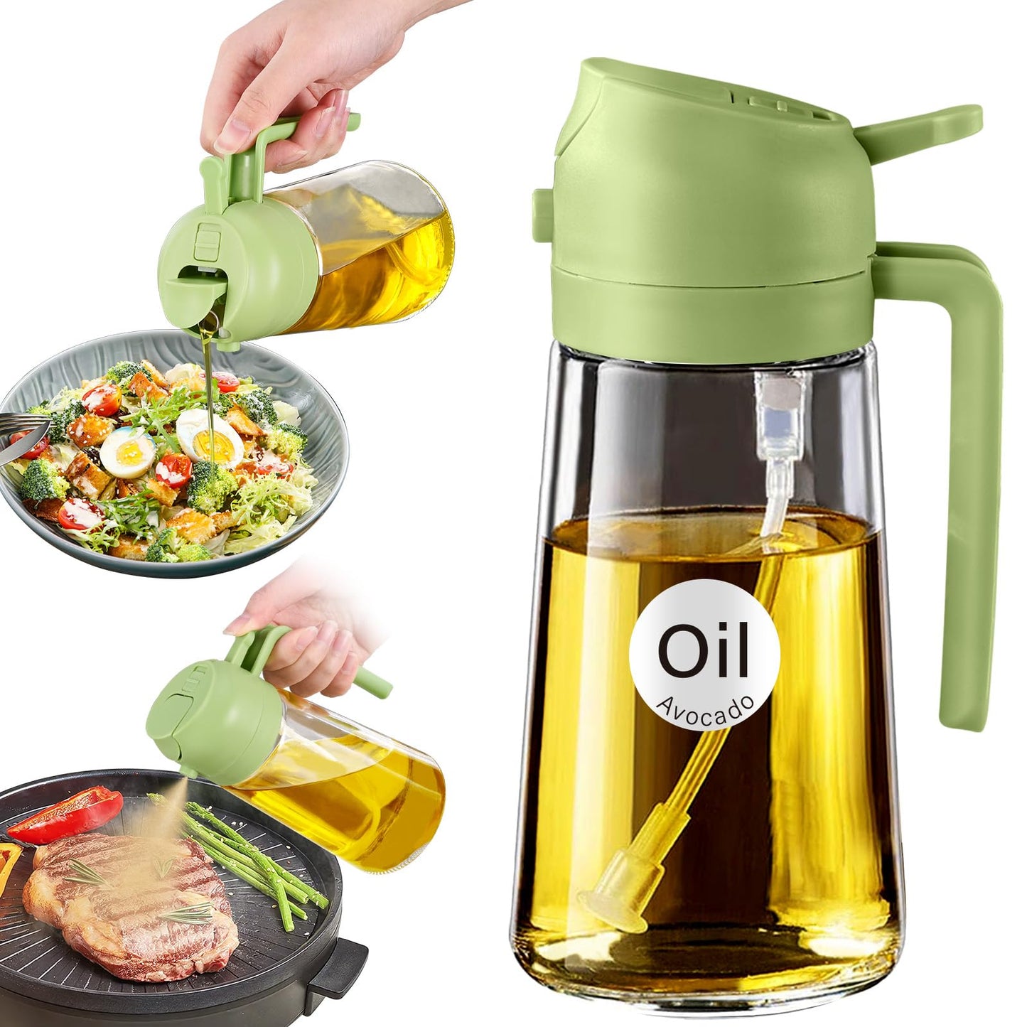 YARRAMATE 16 oz 2-in-1 Glass Olive Oil Sprayer for Cooking, Black | Food-grade dispenser bottle, 470 ml, spray and pour, portion control, stickers included, for salad, frying and BBQ