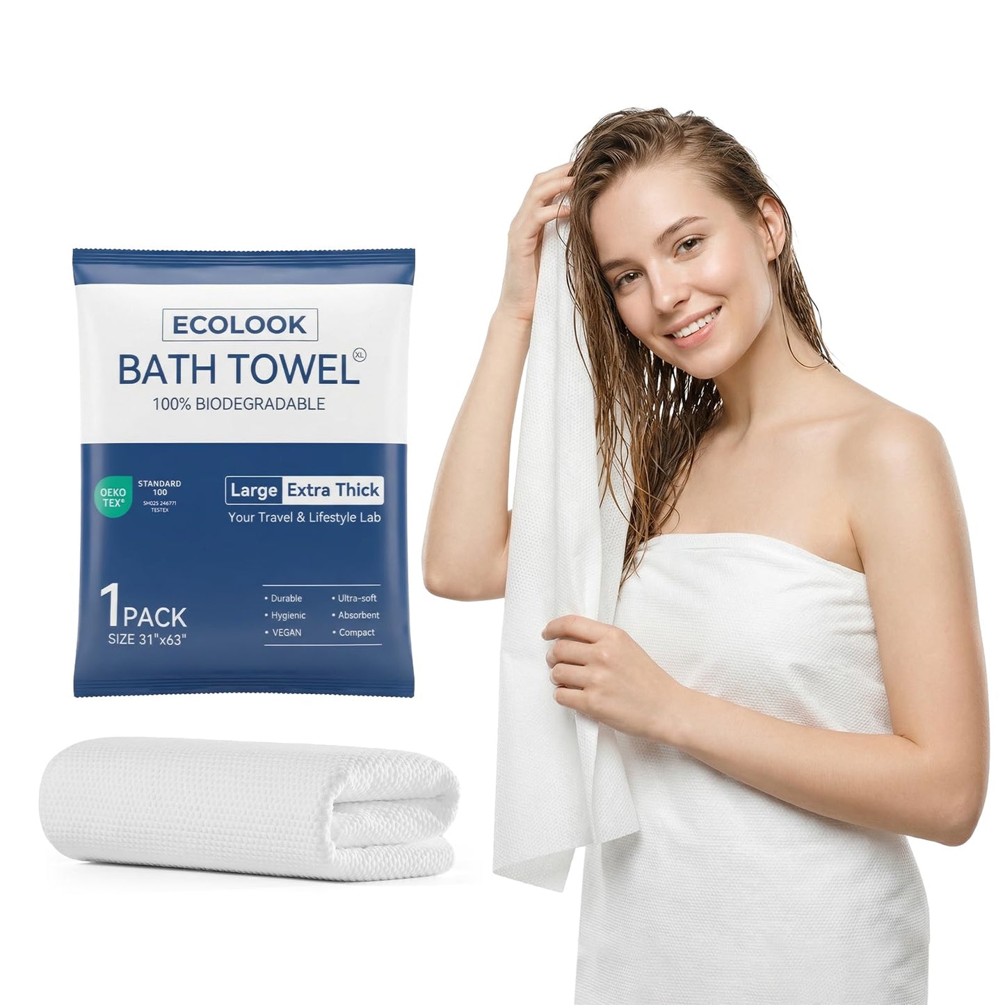 ecolook Disposable Bath Towels for Travel, 6-Pack Extra Large 31"x63", 100GSM Plant Fiber, Dual Texture Soft & Quick-Drying Disposable Towels for Hotel Camping Beach Swimming Gym Sauna Spa