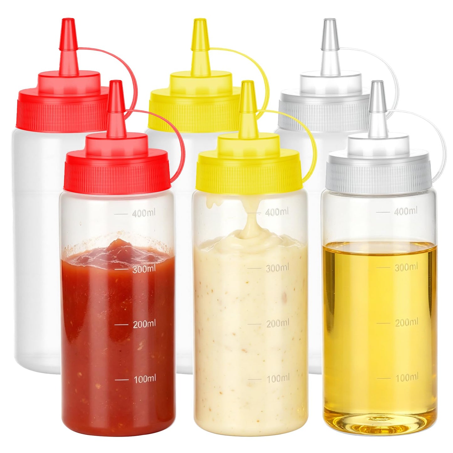 6 Pack Condiment Squeeze Bottles, 16 oz Wide Mouth Squeeze Bottles Set with 3-Color Top Cap Leak Proof, BPA Free Refillable Plastic Squirt Bottles for Sauces, Dressing, Oils, BBQ & Crafts